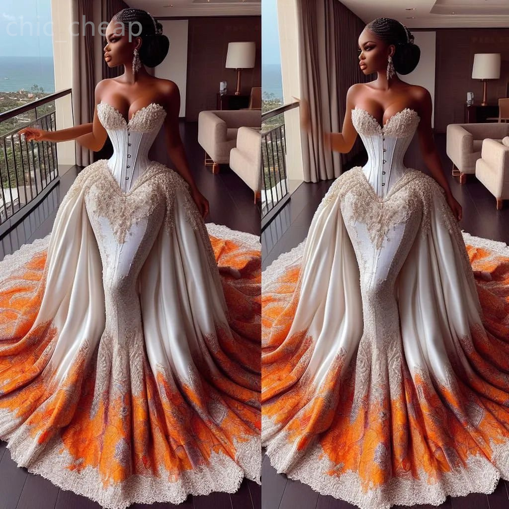 2024 Arabic Aso Ebi Plus Size Printed Lace Beaded Wedding Dress Detachable Train Sequined Satin Bridal Gowns Dresses ZJ2033