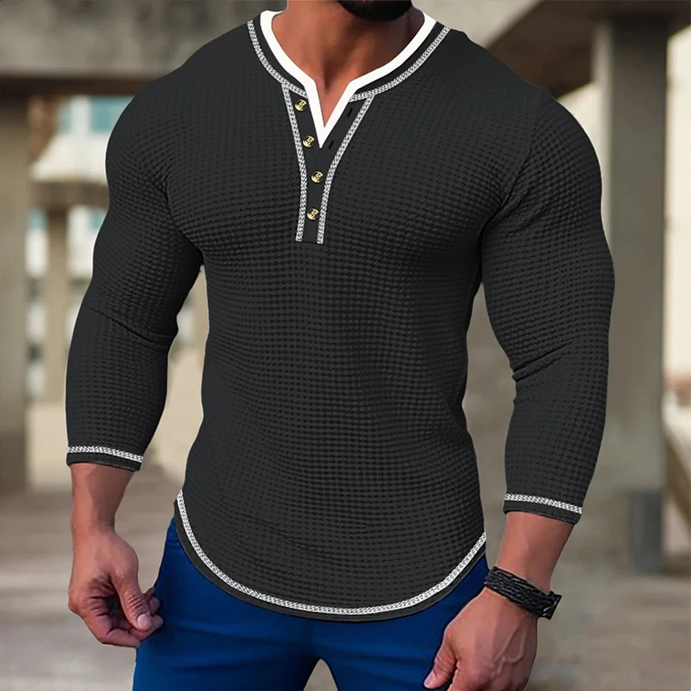 Moda Mens Henley Casual Camisetas Tops Manga Longa V Pescoço Botão Camiseta Blusa Pulôver Tees Roupas Masculinas 240220