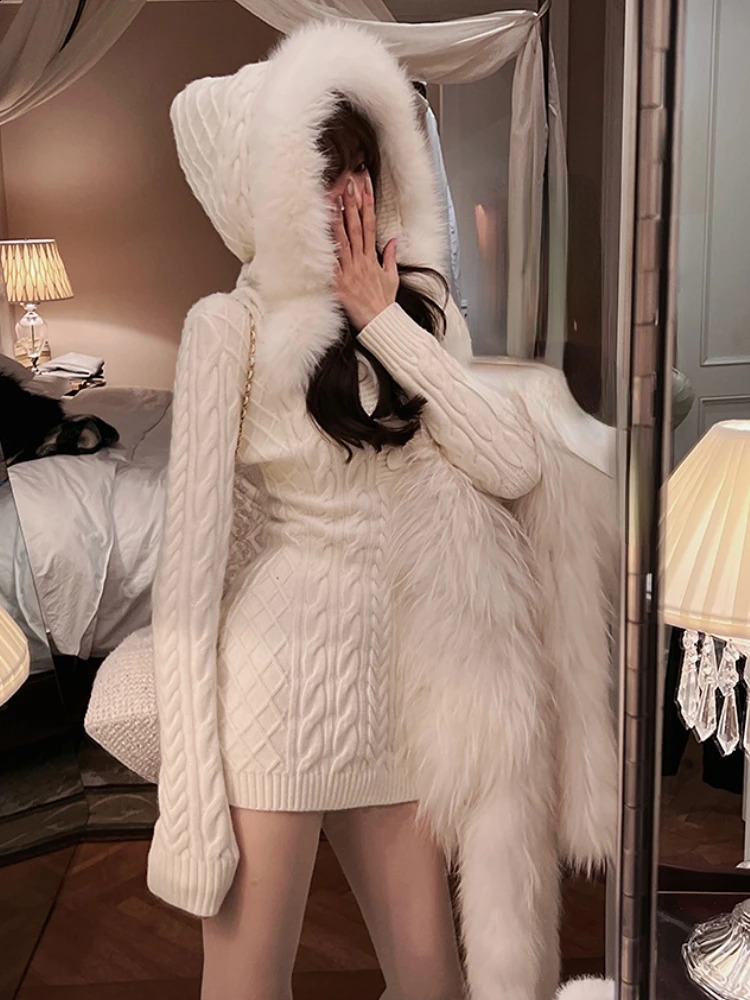 Winter Knitted Sweater Dress with Hooded Women Slim Bodycon Y2k Mini Dress Faux Fur Female Dress Korean Elegant 240202