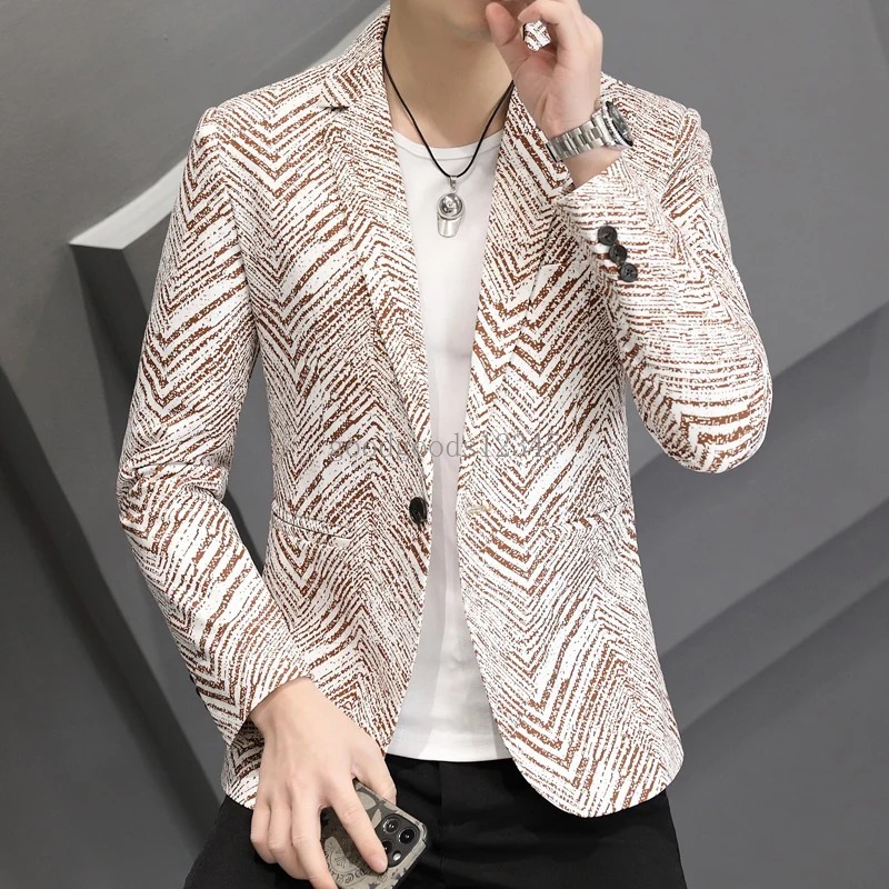 2024 Spring Men Blazers Fashion Stripe Printing Suit Jackets Slim Fit One Button Casual Business Coats Blazer Masculino M-3XL