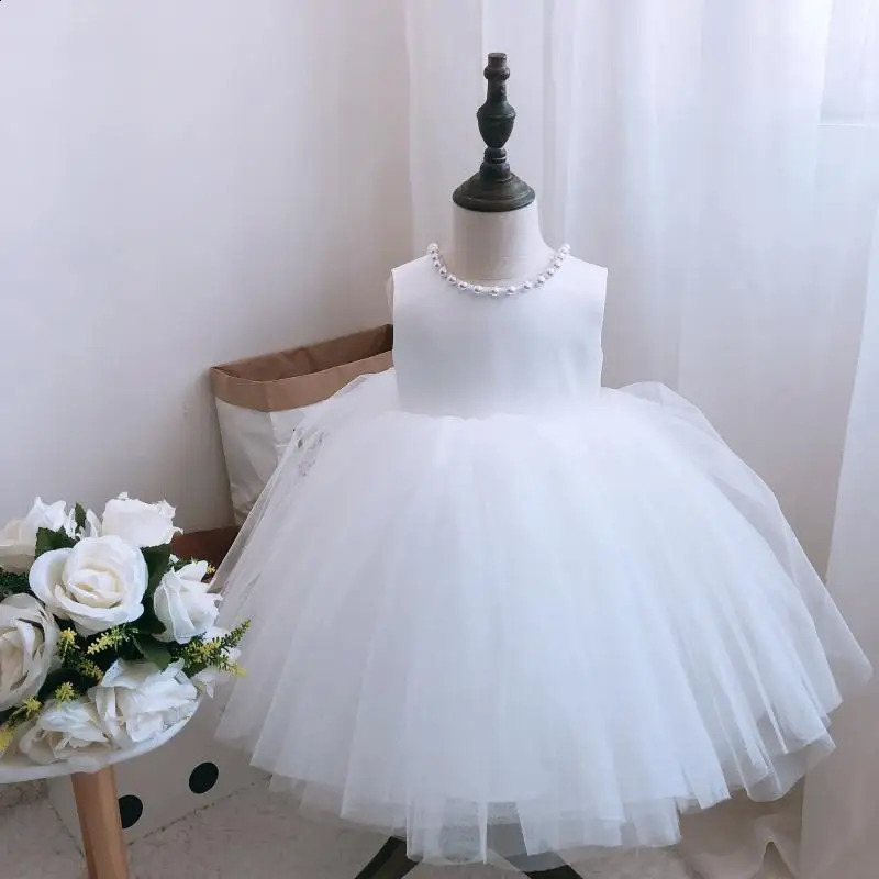 Vestido para menina sem costas arco aniversário casamento flor miçangas criança crianças batismo princesa 240131