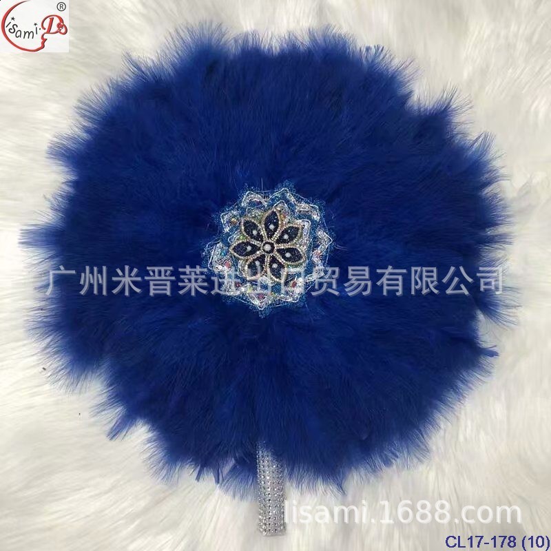 Decorative Objects Figurines African Turkey Feather Hand Fan Feathers Handfan for Dance Wedding Decoration with Stones One-Sided Blue -AF30 230314