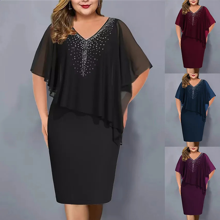 Plus Size Zomer Mode Chiffon Diamanten Jurk Dames Solid V-hals Korte Mouw Kokerjurk Elegant Fit Jurk 240129