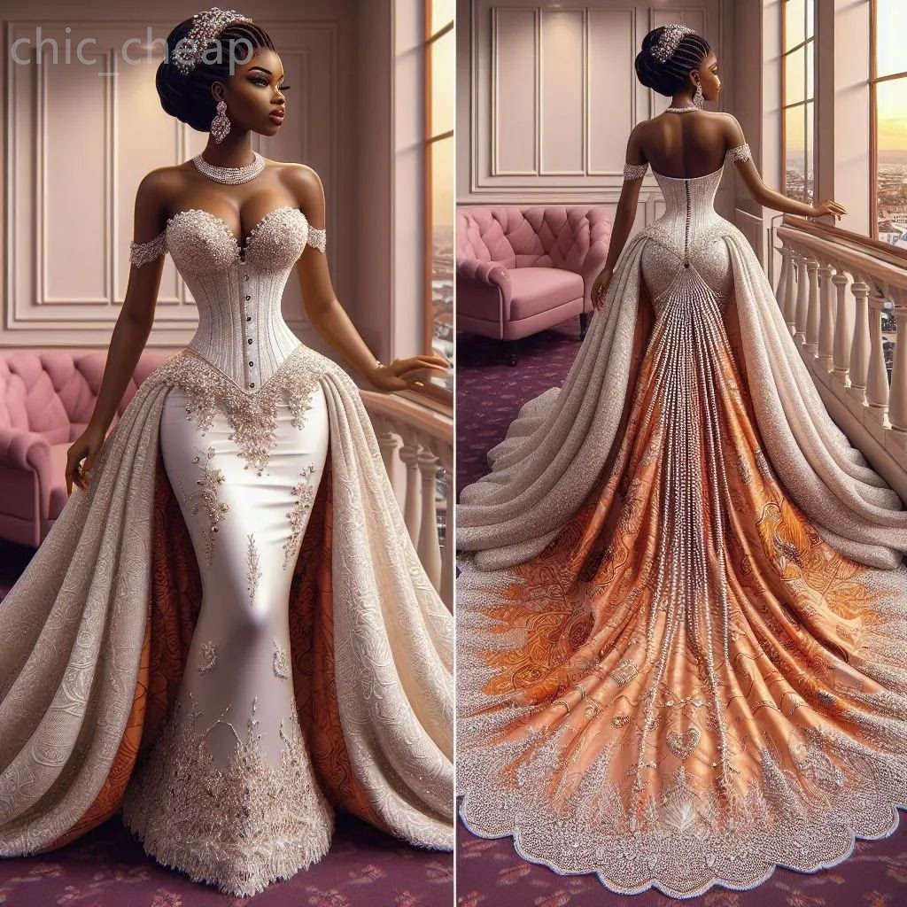 2024 Arabic Aso Ebi Plus Size Printed Lace Beaded Wedding Dress Detachable Train Sequined Satin Bridal Gowns Dresses ZJ2033