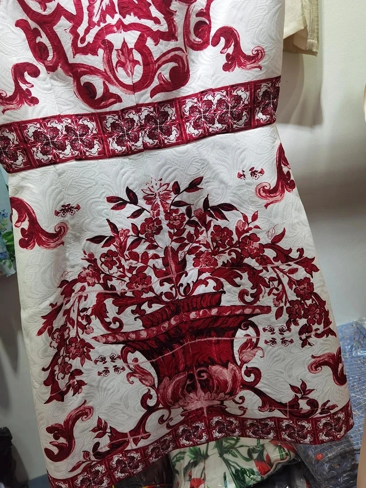 Moda Jacquard Rosso Porcellana Stampa Abito Estate Donna O-Collo Senza Maniche Street Mini Abiti