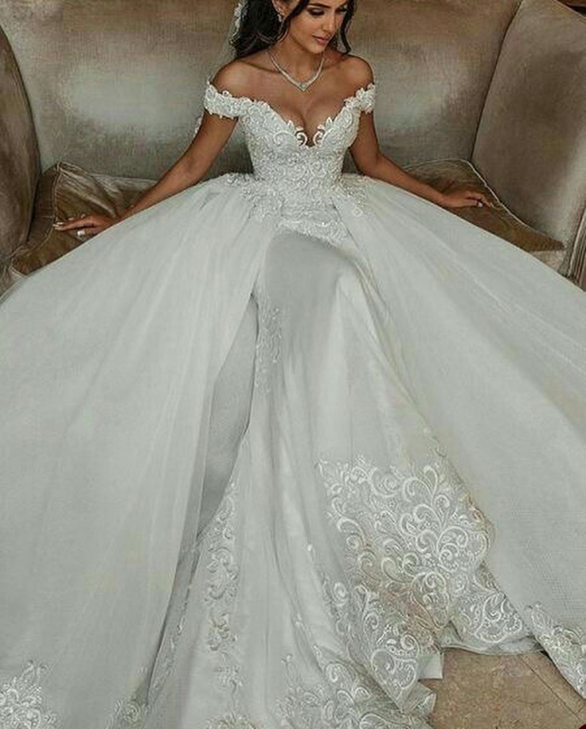 Sexy Mermaid Wedding Dress V Neck Off Shoulder Bridal Gowns Appliques Detachable Train Dresses Custom Made vestidos de novia