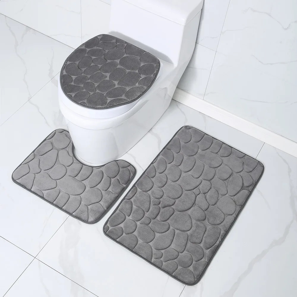 Toilet Seat Cover Set Bath Mat Shower Room Floor Rug Home Bathroom Anti-Slip Absorbent Doormat Pebbles Bathtub Decor Carpet 240122