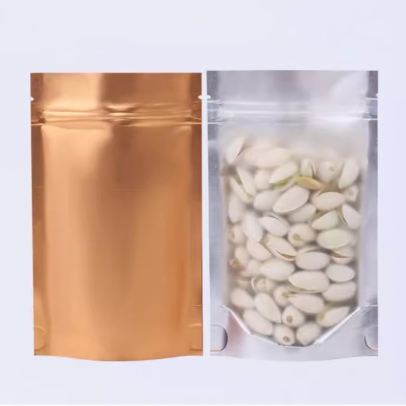 Gold Aluminium Bag En sida Klar fönster Självförsegling Väska Mat Stående förpackning Pouch Plastkorn Lagring Display Bag LX6349