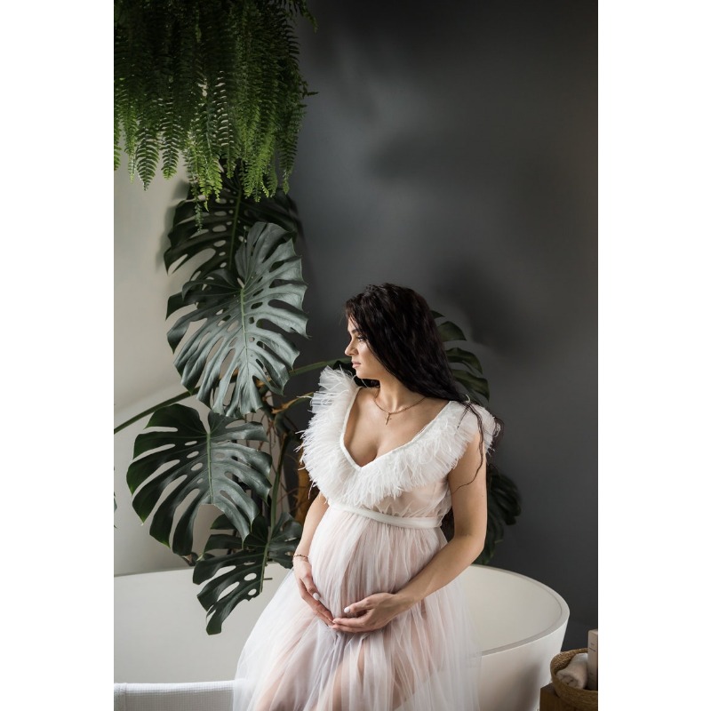 White maternity dress,Sheer dress with feathers,Ivory dress with train,Flying dress for pregnant women,White peignoir,Special occasion dress