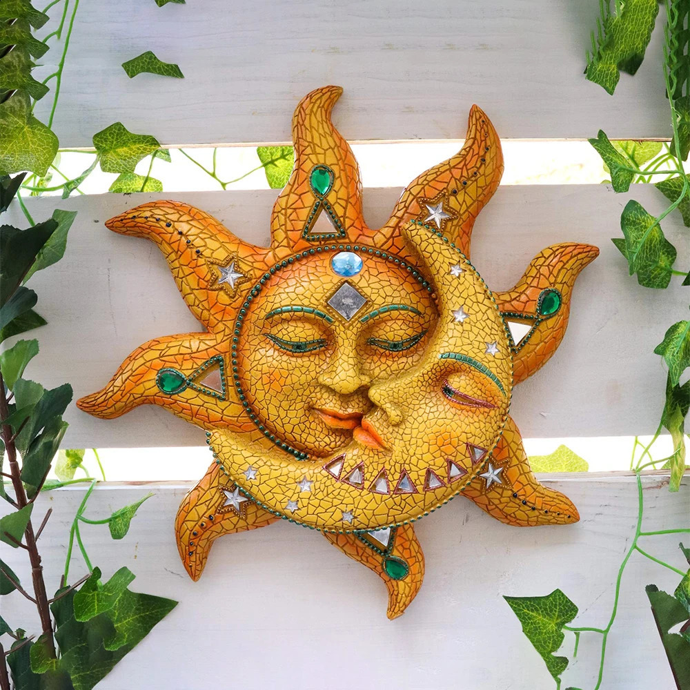 Scultura in metallo colorato con scultura in mosaico, sole e luna, da appendere alla parete, decorazioni la casa all'aperto 240119