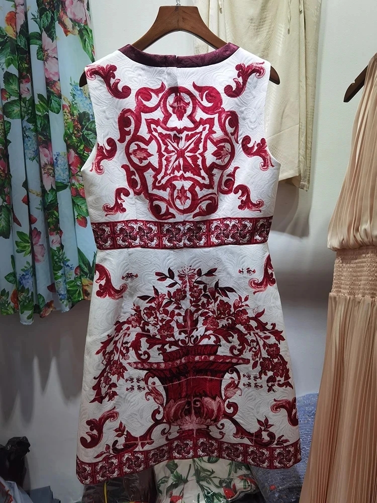 Fashion Jacquard Red Porcelian Print Dress Summer Women O-Neck Sleeveless Street Mini Vestidos