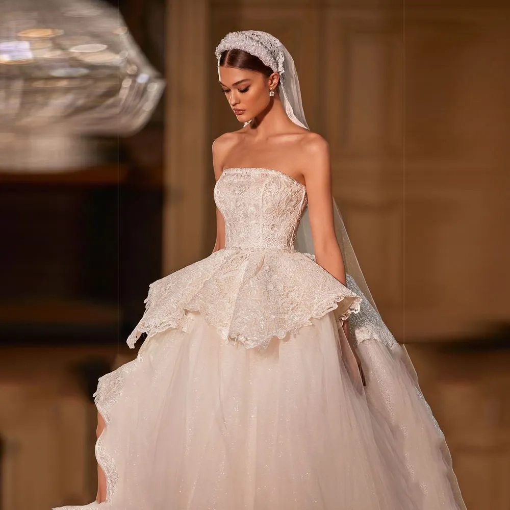 Princesse robe De bal robes De mariée sans bretelles en dentelle haut robe De mariée paillettes Tulle robes De Novia chapelle Trian robe De Mairage