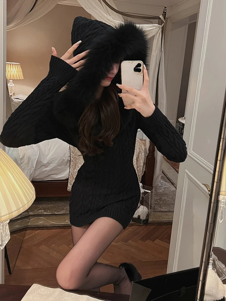 Winter Knitted Sweater Dress with Hooded Women Slim Bodycon Y2k Mini Dress Faux Fur Female Dress Korean Elegant 240202