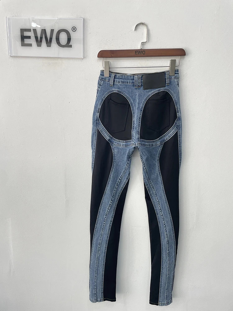 EWQ Women Streetwear Splice Jeans Autumn Female Fashion Patchwork Contrast High Waist Split Denim Pencil Pants 240118