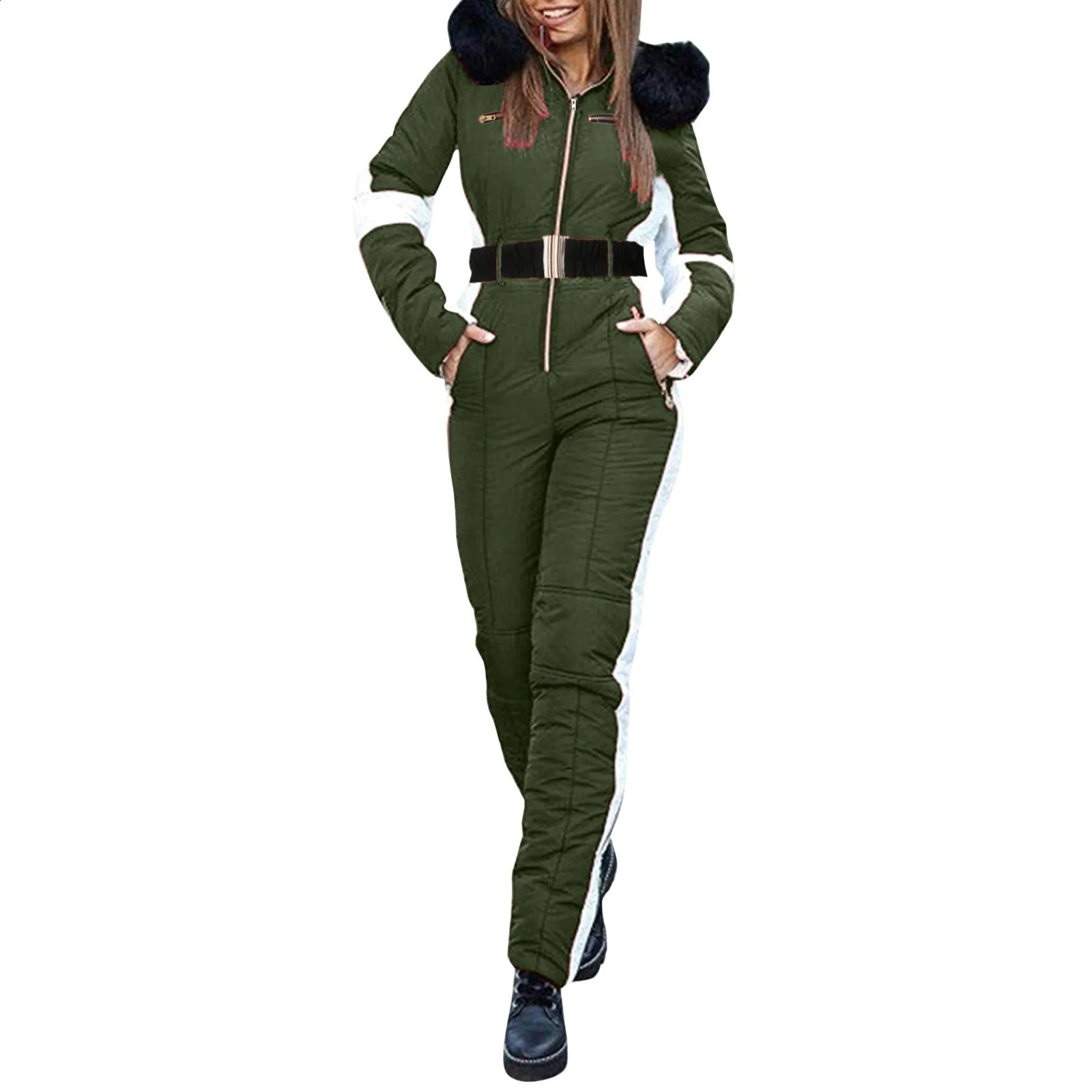 Dames Winter Ski Jumpsuit Parka met capuchon Rechte gewatteerde dikke rits Snowsuit Buitensporten Waterdichte jumpsuit 240125