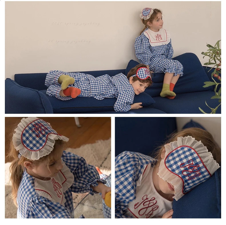 Vintage Unisex Kid Letters Geborduurde Pyjama Set Met Blinddoek. Peuter Meisje Jongen Geruite Nachtkleding Pyjama Set. Kinderkleding 240118