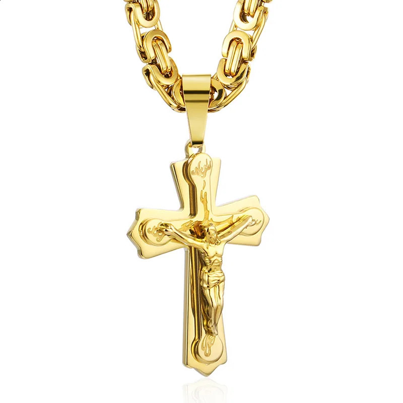 Diyalo religioso jesus cruz colar masculino crucifixo de aço inoxidável pingente com corrente bizantina colares jóias masculinas 240202