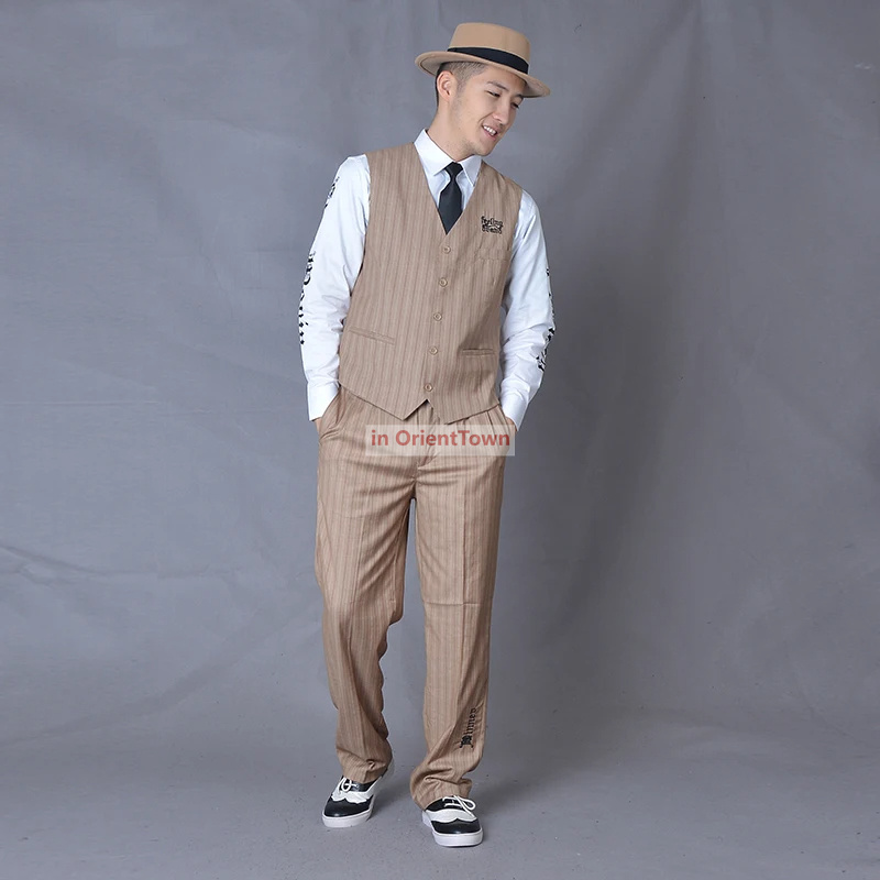 Popping Street Dance performance suit men Hip Hop suit locking vest machine dance Clothing street dance Stage suits Vest + pants + Tie