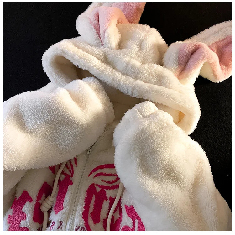 Simpatico coniglio grande orecchio maglione di lana di agnello ricamo con cappuccio donna coreano addensato lana con zip con cappuccio kawaii goth Y2k vestiti 240201