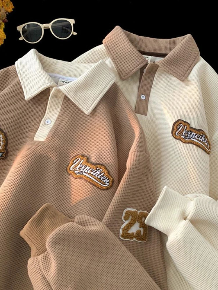 Gmiixder waffle lapela camisa dos homens primavera outono bordado remendo design tshirt americano retro pesado jaqueta de mangas compridas 240125