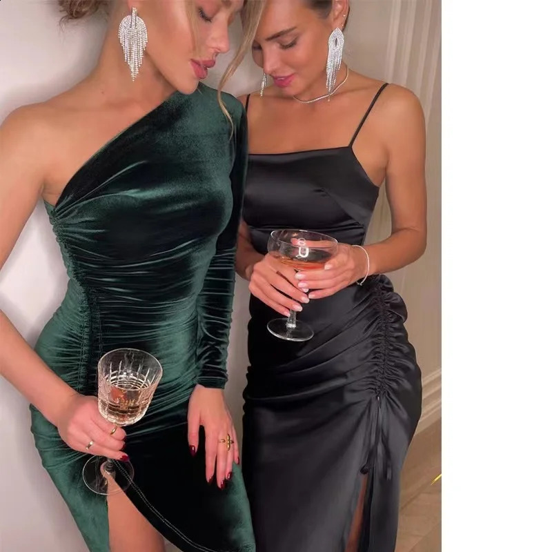 Solid Long Sleeve One Shoulder Ruched Slit Velvet Midi Dress Sexy Party Club Elegant Bodycon Dresses Femme Robe Longue 240123