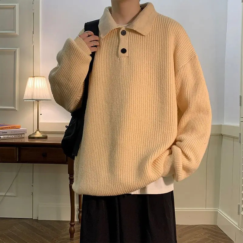 Maglione con colletto polo stile giapponese pigro da uomo retrò caffè maglione lavorato a maglia oversize da uomo casual maglione High Street abbigliamento uomo 240124