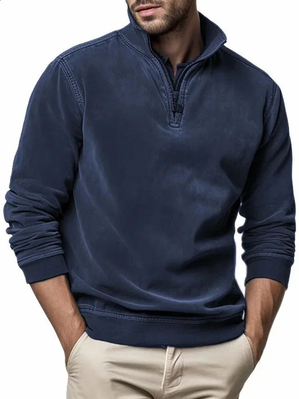 Automne hiver hommes polaire pull col montant demi fermeture éclair hauts à manches longues sweat mâle couleur unie sweats à capuche 240202