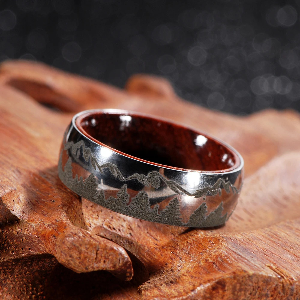8 mm Wald-Berge-Szene-Ring aus Holz Herren-Ehering Olive Pure Anniversary 240125