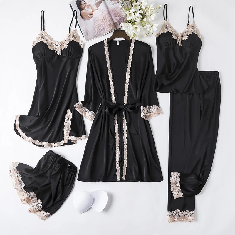 Kvinnor Black Lace Kimono Robe Ställer in Sexig nattklänning Brud Dressing Gown Sleepwear Rayon Pyjamas Suit Summer MXXL Casual Home Wear 240201