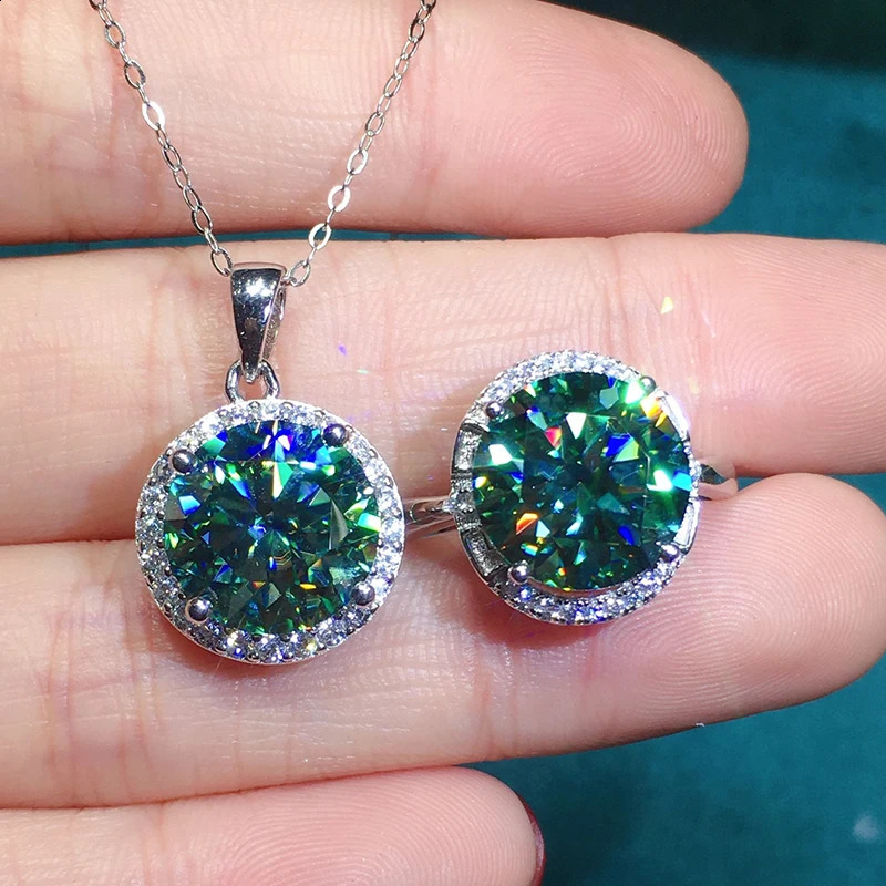 Luomansi-Conjunto de collar y anillo verde de lujo, 5CT, 11MM, prueba de diamante aprobada, joyería de boda de plata S925, aniversario 240130
