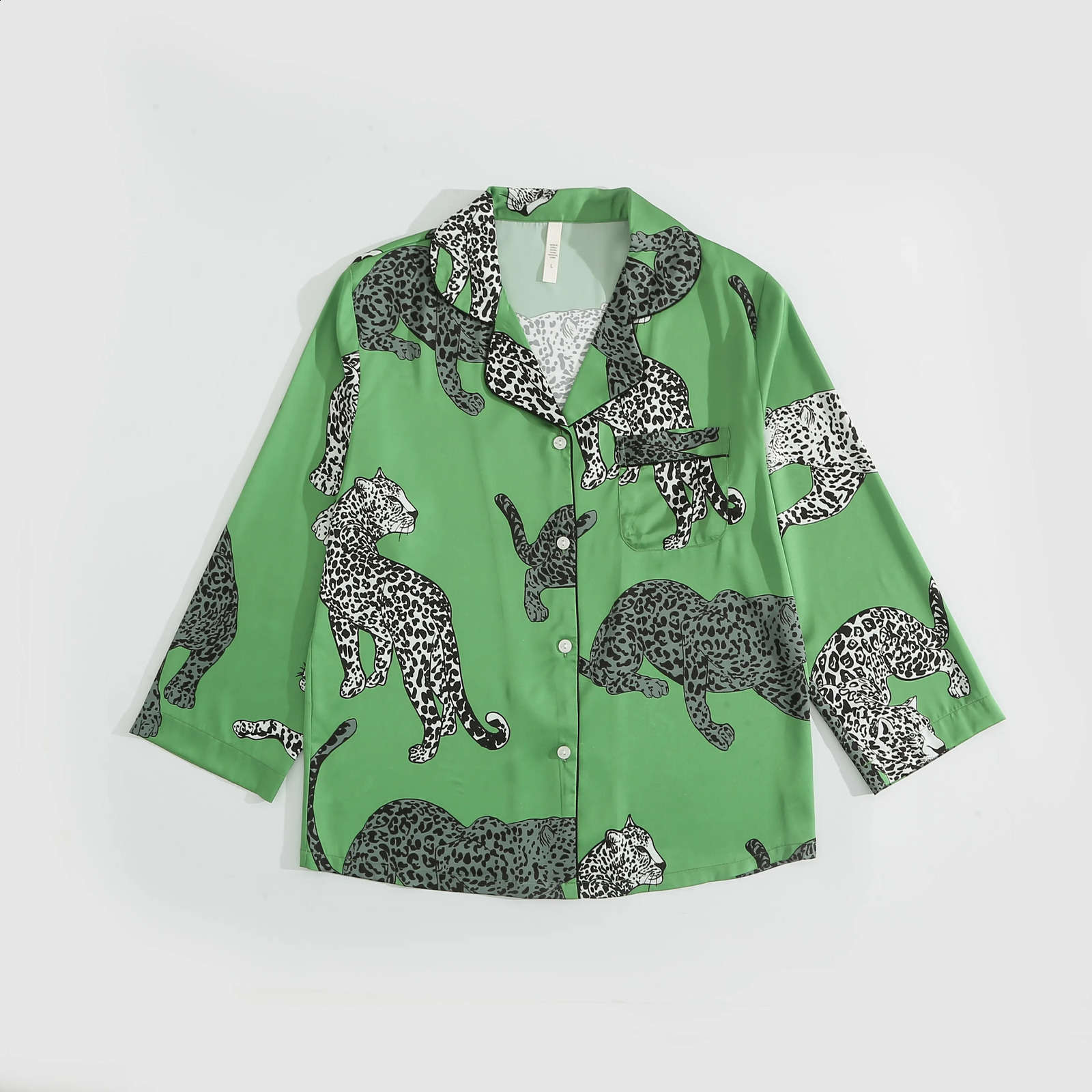 Verts léopard imprimés de vêtements de nuit en soie texturée en satin à manches longues et pantalons pantalons pyjama doux confortable à porter à la maison 240201