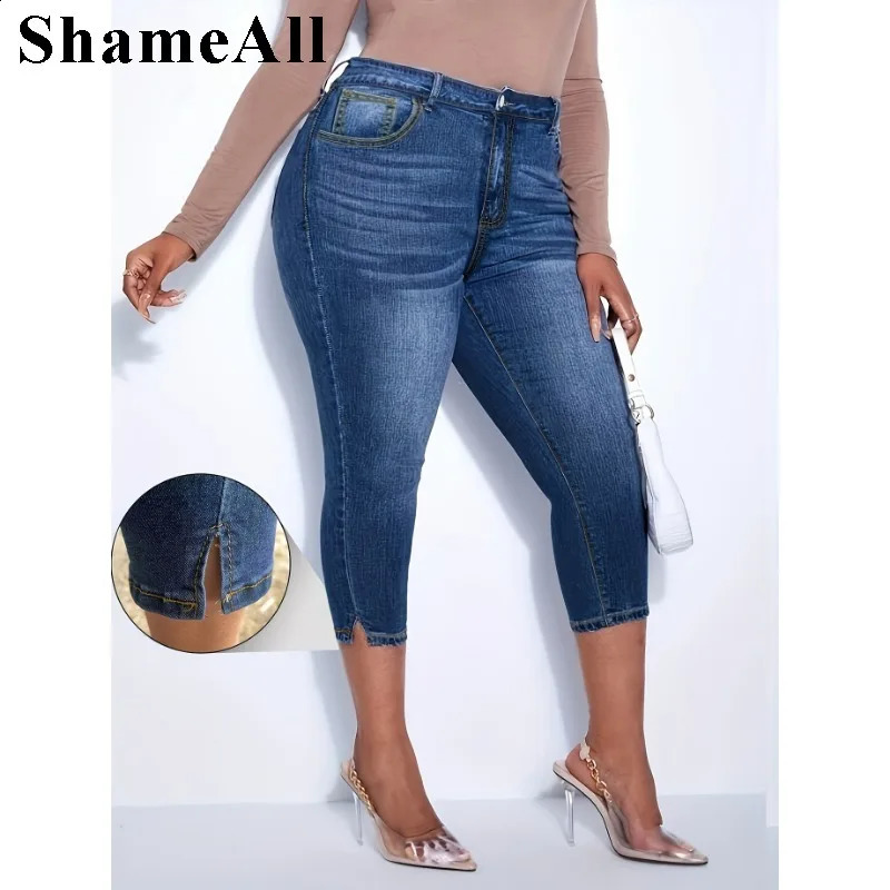 Женские повседневные джинсы больших размеров с карманами, джинсы скинни с разрезом на пуговицах 240126