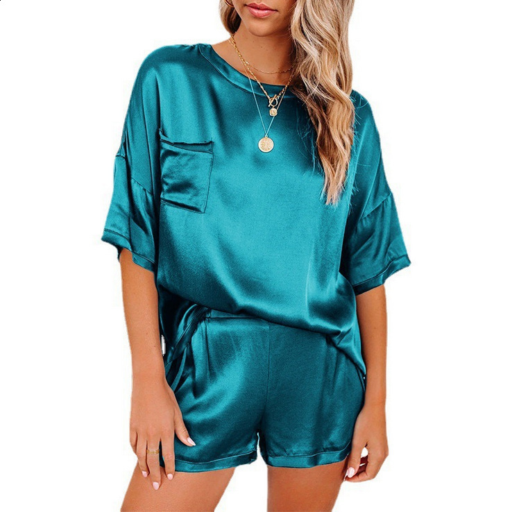 Calças femininas de duas peças verde cetim seda mulheres conjuntos bolsos camisetas cintura elástica shorts terno pijama primavera verão 2 conjunto homewear g2598 230222