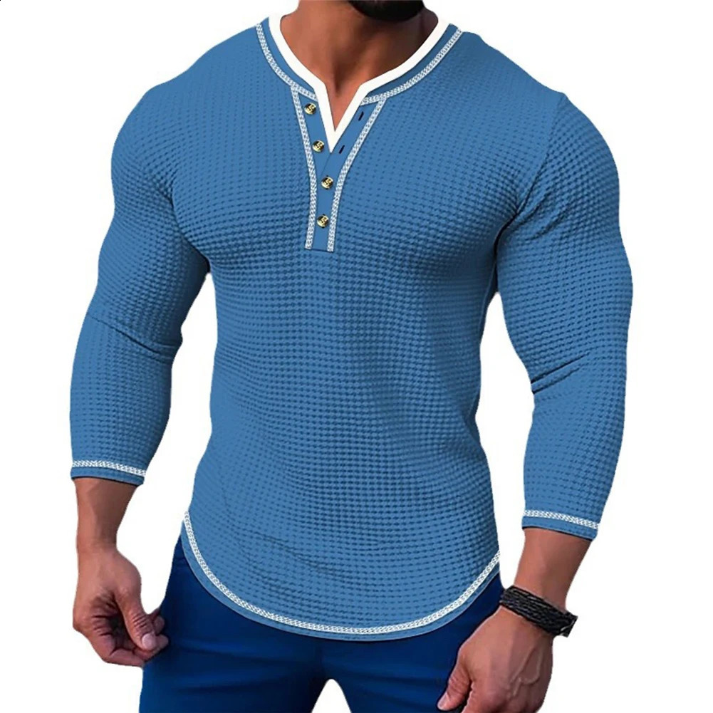 Fashion Mens Henley Casual T Shirts Tops Long Sleeve V Neck Button TShirt Blouse Pullover Tees Men Clothing 240220