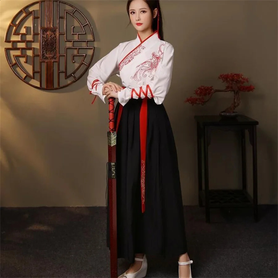 Chinese Dress Ancient Hanfu Kimono Black White Red hanfu Dresses Embroidery Martial Arts Chinese Style Dance Cosplay Costumes 240130