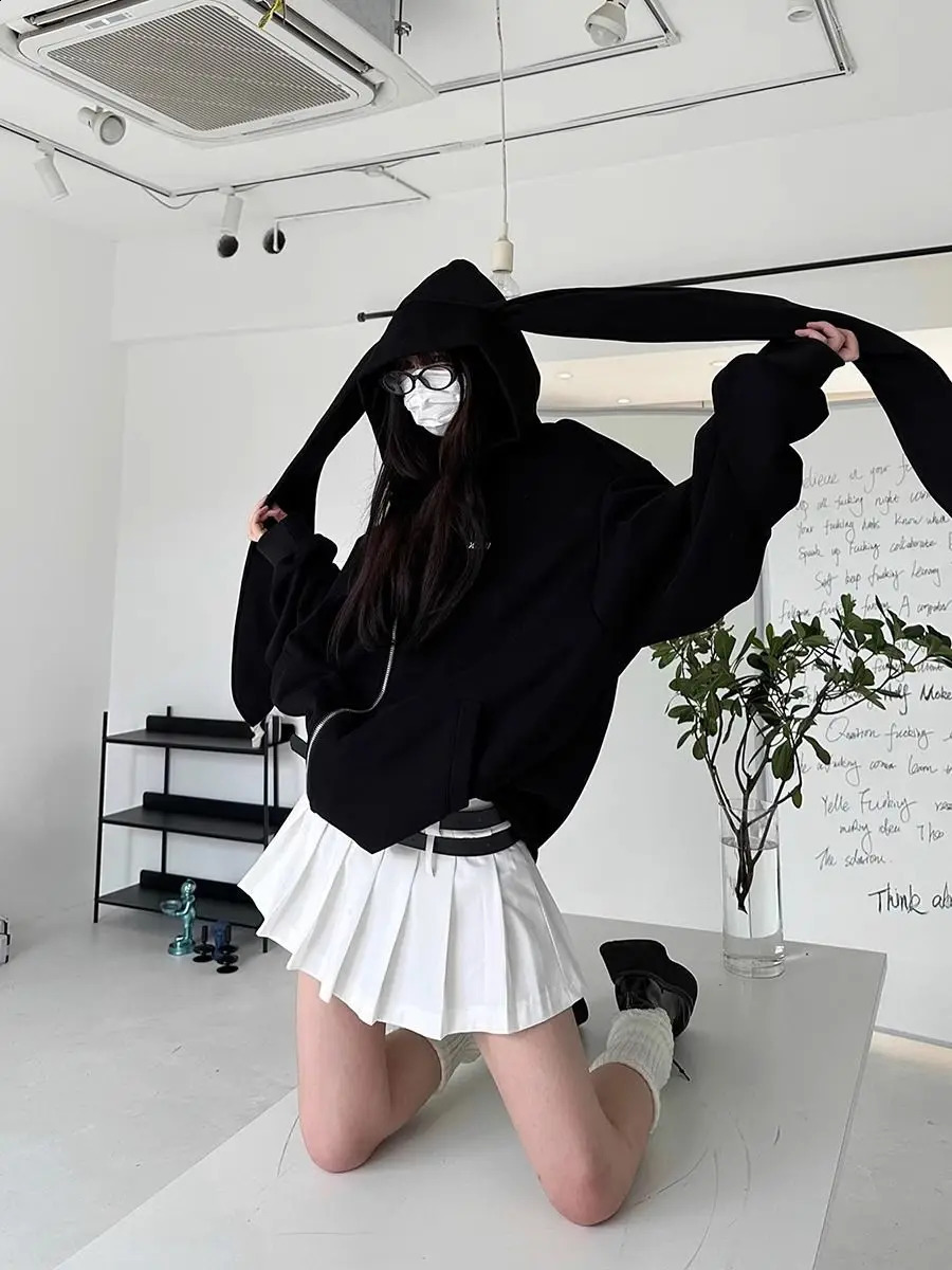 QWEEK Japanese Y2K Zip Up Hoodie Rabbit Ears Harajuku Kawaii Cropped Jacket Oversized Korean Fashion Cute Girly Hooded Outerwear 240201