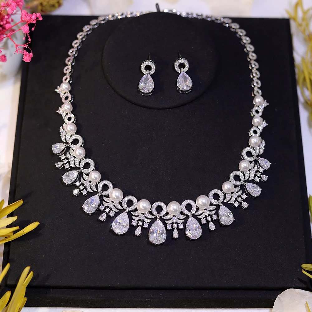 Gorgeous Cubic Zirconia Stone Pearl Choker Necklace Earrings Set for Women Wedding Bridal Costume Jewelry 240119