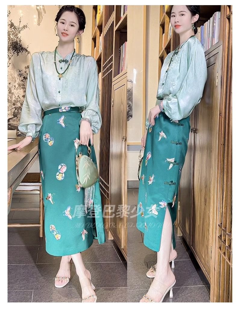 Jupe Vintage pour femmes, taille haute, amincissante, fendue, imprimée, verte, midi, style chinois, printemps, 2024