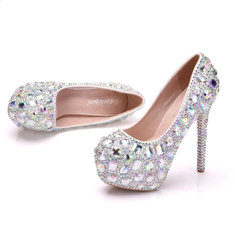 Crystal Queen Mulheres Strass Sapatos de Casamento Plataforma de Salto Alto Evento Bombas Artesanais Tamanho Grande 240125