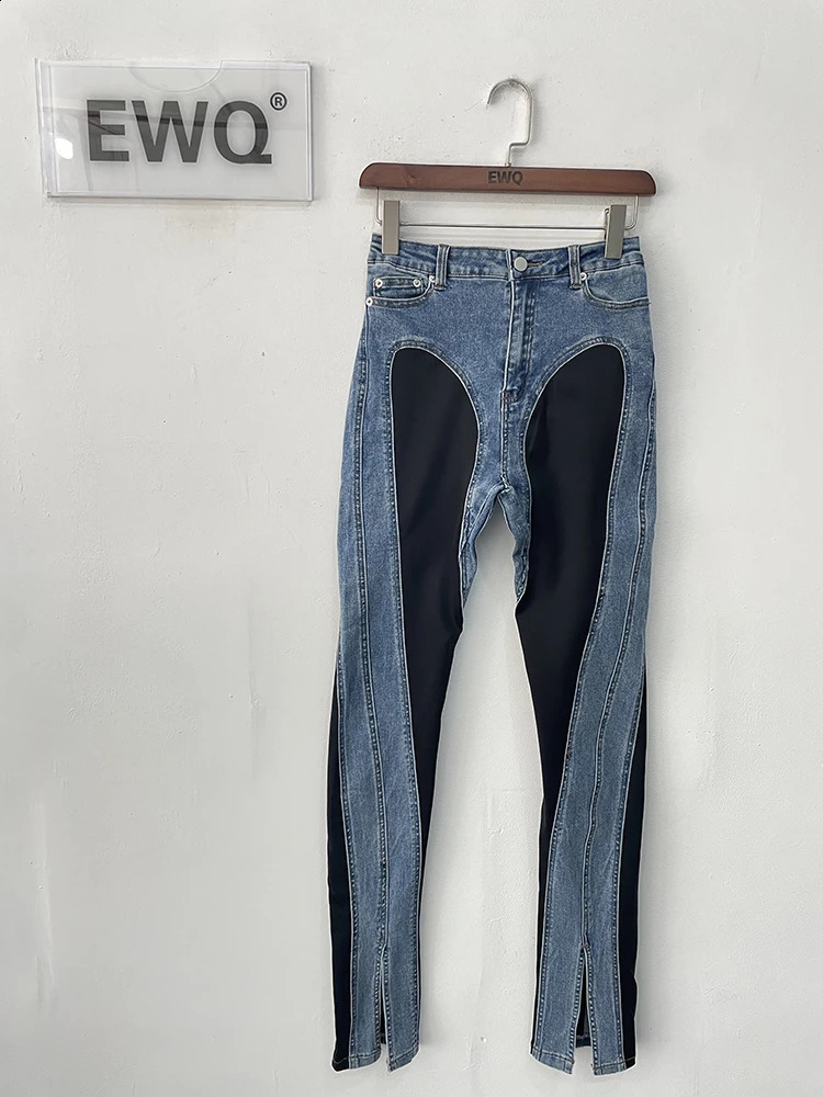 EWQ Women Streetwear Splice Jeans Autumn Female Fashion Patchwork Contrast High Waist Split Denim Pencil Pants 240123