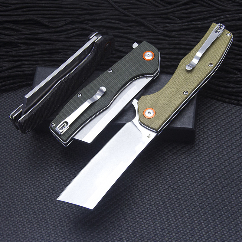 Top Quality R7101 Flipper Folding Knife D2 Stone Wash Tanto Point Blade Flax Fiber with Stainless Steel Sheet Handle Ball Bearing Fast Open EDC Pocket Knife