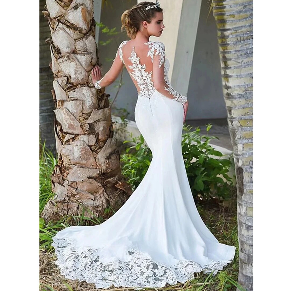 Sjöjungfru V-ringning bröllopsklänning för kvinnor 2024 Lång ärmapparater Lace Court Train Backless Bridal Gown Vestido de Noiva