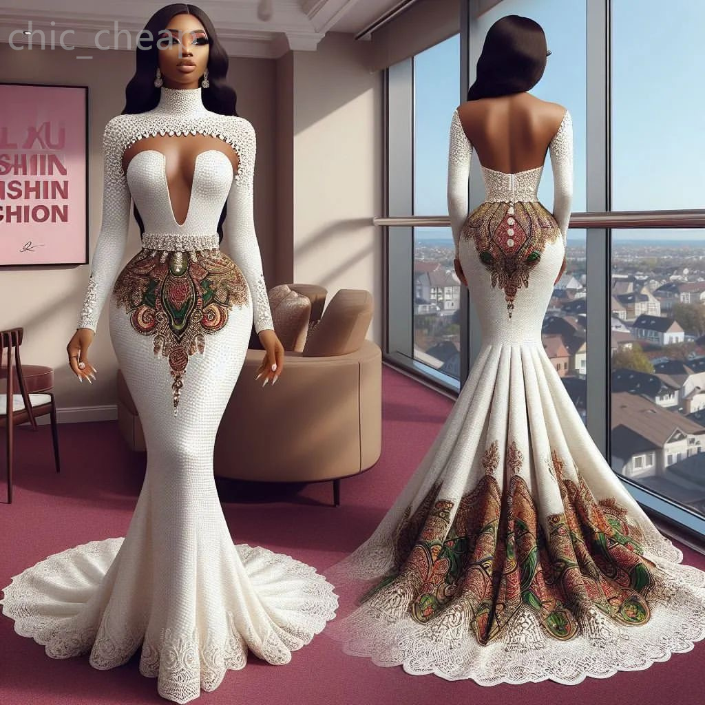 2024 Aso Ebi White Mermaid Prom Dress Printed Sequined Lace Evening Formal Party Second Reception Birthday Engagement Gowns Dresses Robe De Soiree ZJ230