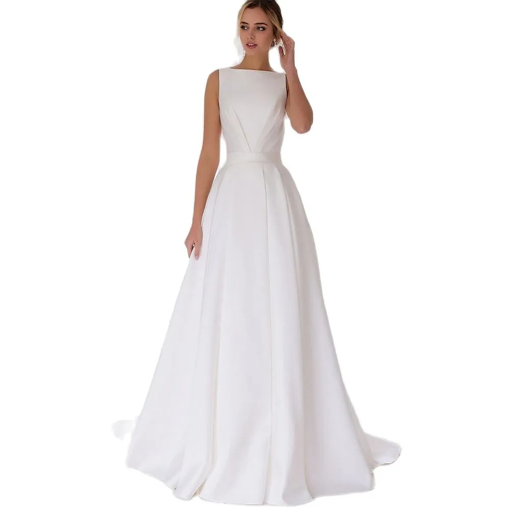 Sleeveless Boat Neck A Line Wedding Dresses Button Back Ruched Satin Bridal Gown Bow Tie Belt Garden Mariage