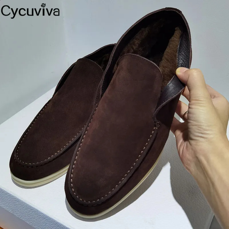 Walk Winter Summer Wool Suede Loafers Kvinnor Snö Ankelstövlar Male Round Toe Warm Plush Plat Casual Shoes Men a