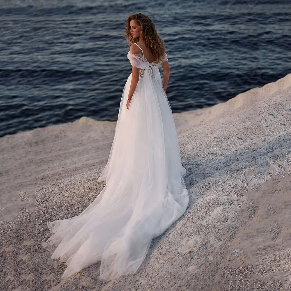 Wedding Dresses Beach Bridal Gowns Spaghetti Strap Off the Shoulder Wedding Gown Lace Appliques Beaded Robe de mariee