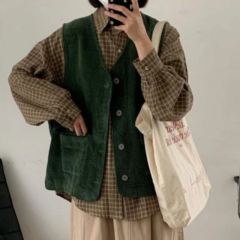 Corduroy Vest Streetwear Pockets Autumn Coats Tender AllMatch Ropa Mujer Japanese Style Solid Vintage 240130