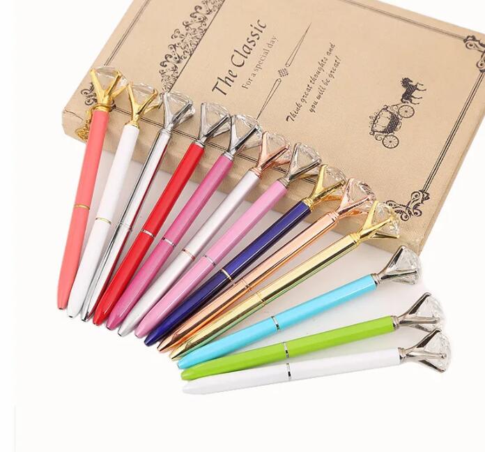 2024 Ballpoint Pens Wholesale Big Diamond Crystal Pen Gem Ring Office Metal Roller Ball Black Rose Gold Sier Pink Drop Delivery School