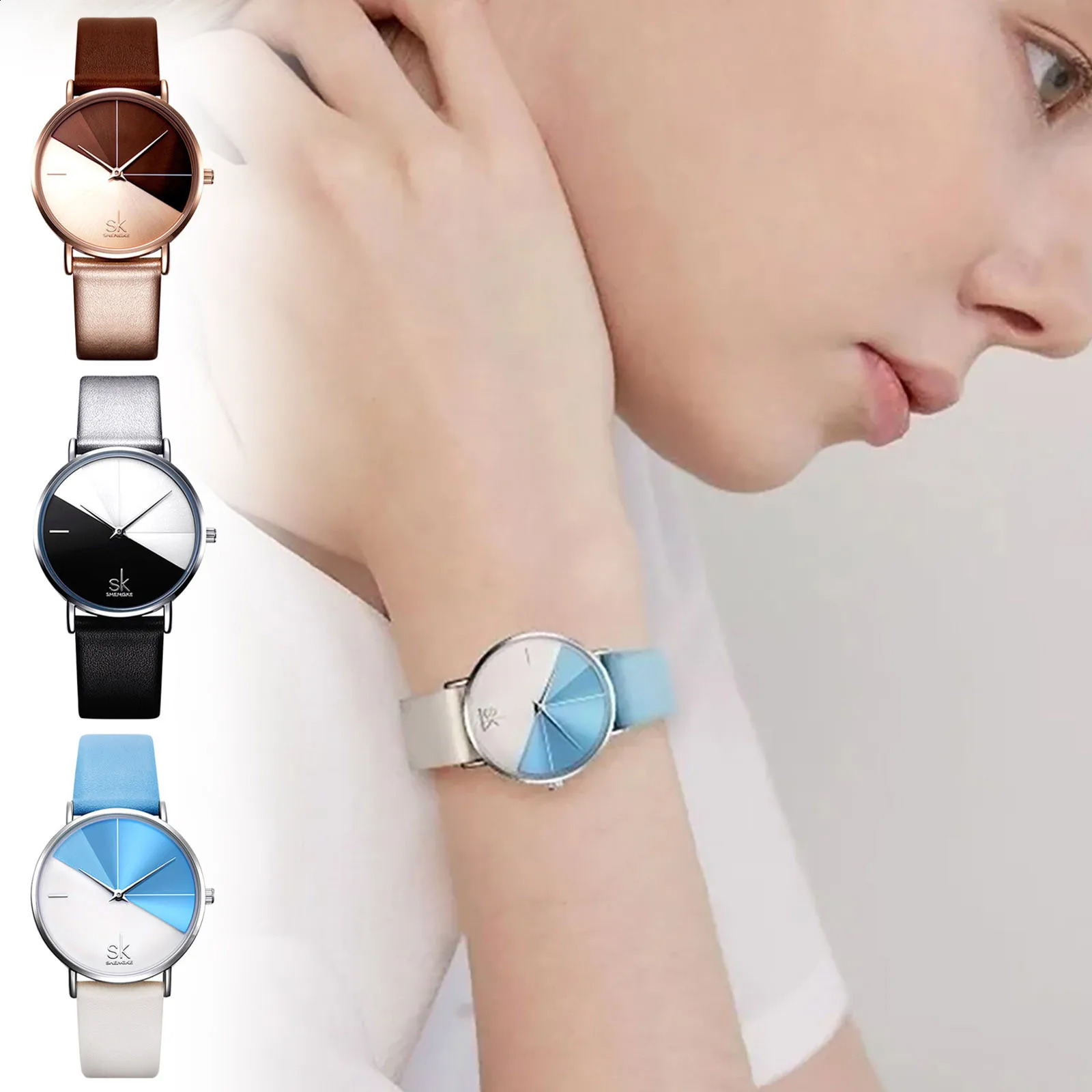 Relógio feminino moda dupla disco colorido analógico relógio de quartzo café leite colisão estilo casual senhoras relógio de pulso cor gradiente 240131