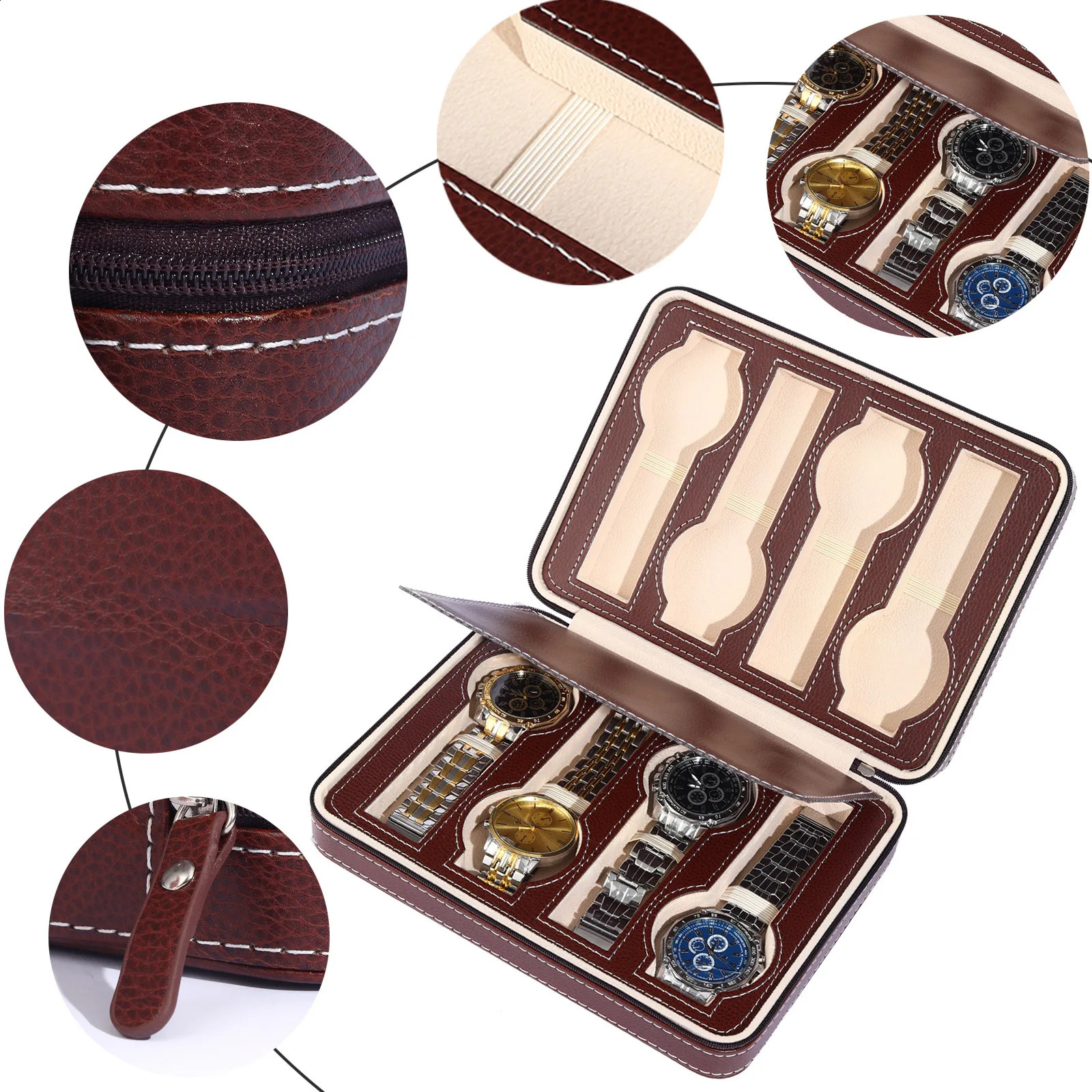 Uhrenbox aus Leder, Aufbewahrungsbox, Organizer, Luxus-Retro-Schatulle, 8 Epitope, modische Uhrentasche, Reiseetui, quadratische Reißverschlusstasche 240122
